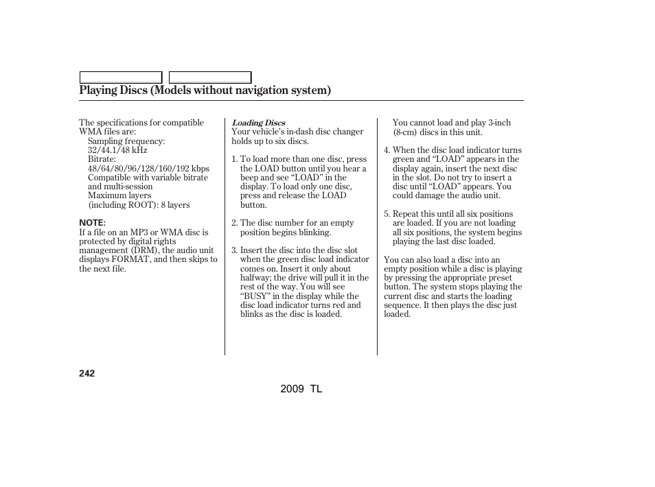 Playing discs (models without navigation system) | Acura 2009 TL - Owner's Manual User Manual | Page 245 / 648