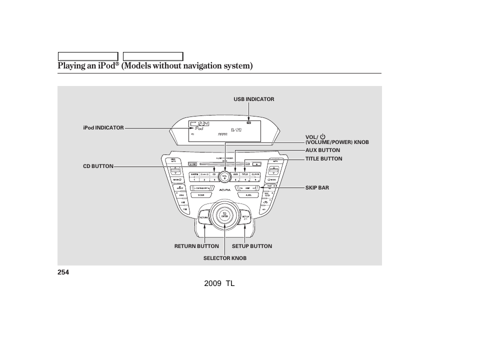 Playing an ipod (models without navigation system), 2009 tl | Acura 2009 TL - Owner's Manual User Manual | Page 257 / 648