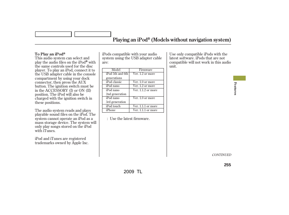Playing an ipod (models without navigation system), 2009 tl | Acura 2009 TL - Owner's Manual User Manual | Page 258 / 648