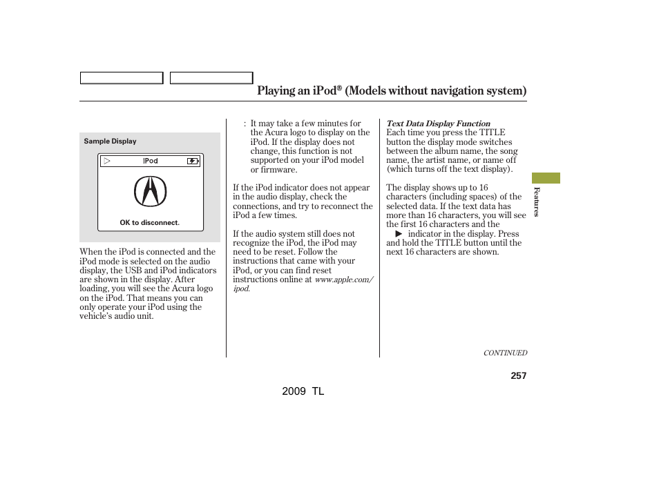 Playing an ipod (models without navigation system), 2009 tl | Acura 2009 TL - Owner's Manual User Manual | Page 260 / 648