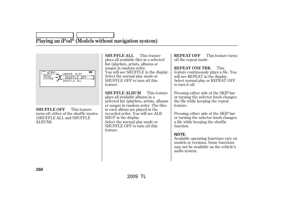 Playing an ipod (models without navigation system) | Acura 2009 TL - Owner's Manual User Manual | Page 263 / 648