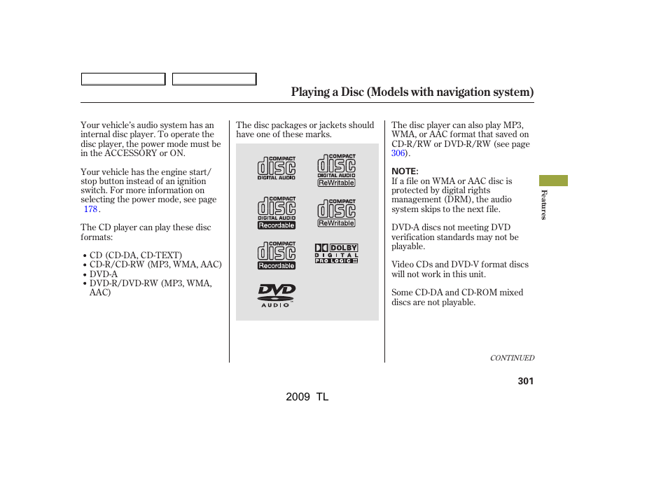 Playing a disc (models with navigation system) | Acura 2009 TL - Owner's Manual User Manual | Page 304 / 648