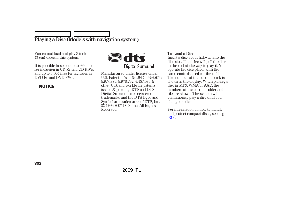 Playing a disc (models with navigation system) | Acura 2009 TL - Owner's Manual User Manual | Page 305 / 648