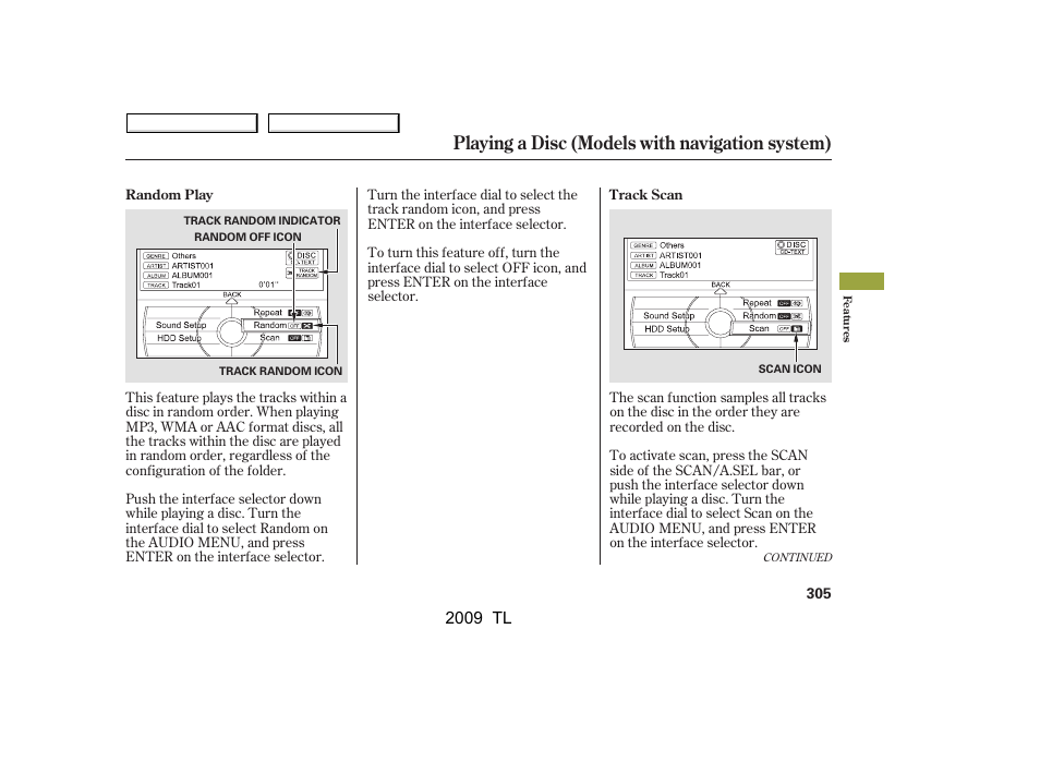 Playing a disc (models with navigation system), 2009 tl | Acura 2009 TL - Owner's Manual User Manual | Page 308 / 648
