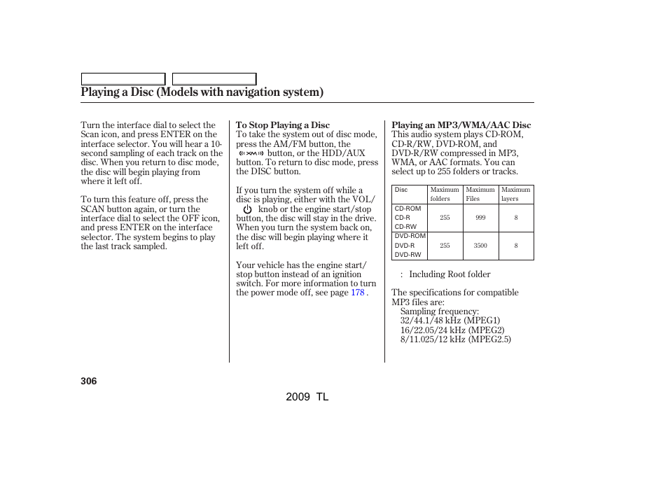 Playing a disc (models with navigation system), 2009 tl | Acura 2009 TL - Owner's Manual User Manual | Page 309 / 648