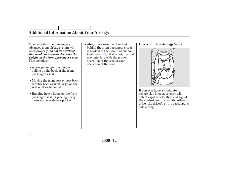 Additional information about your airbags | Acura 2009 TL - Owner's Manual User Manual | Page 33 / 648
