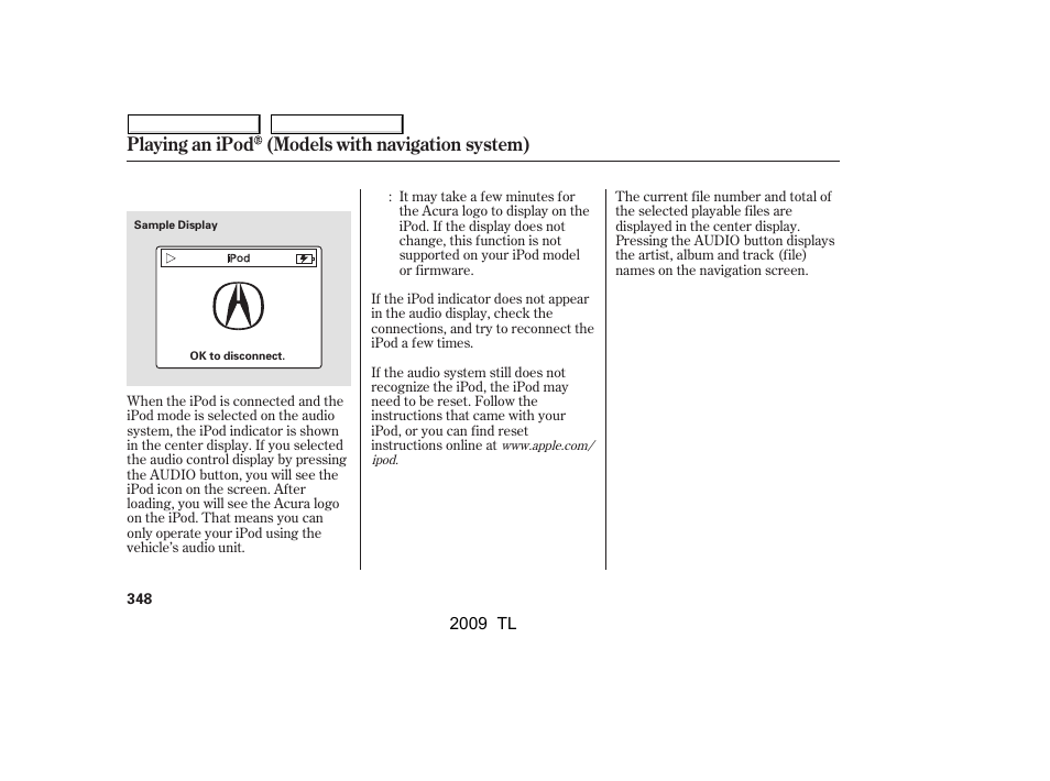 Playing an ipod (models with navigation system) | Acura 2009 TL - Owner's Manual User Manual | Page 351 / 648