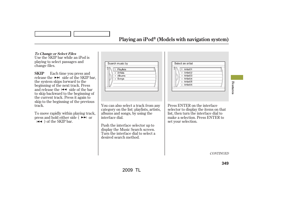 Playing an ipod (models with navigation system) | Acura 2009 TL - Owner's Manual User Manual | Page 352 / 648