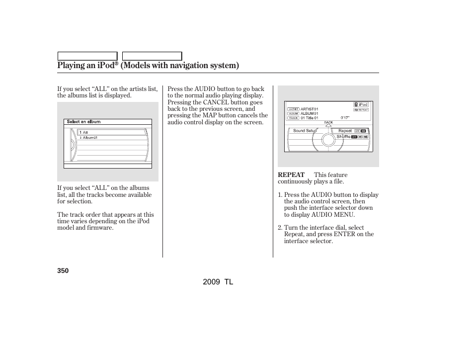 Playing an ipod (models with navigation system) | Acura 2009 TL - Owner's Manual User Manual | Page 353 / 648