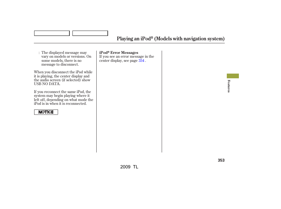 Playing an ipod (models with navigation system) | Acura 2009 TL - Owner's Manual User Manual | Page 356 / 648