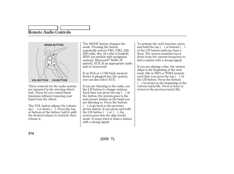 Remote audio controls | Acura 2009 TL - Owner's Manual User Manual | Page 377 / 648