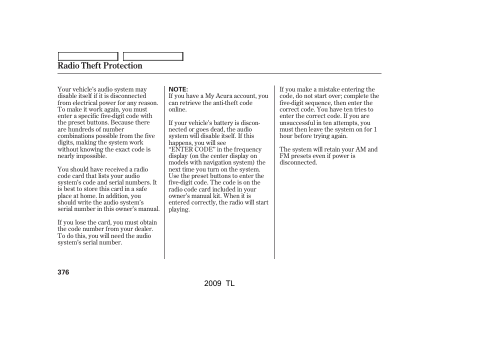 Radio theft protection | Acura 2009 TL - Owner's Manual User Manual | Page 379 / 648