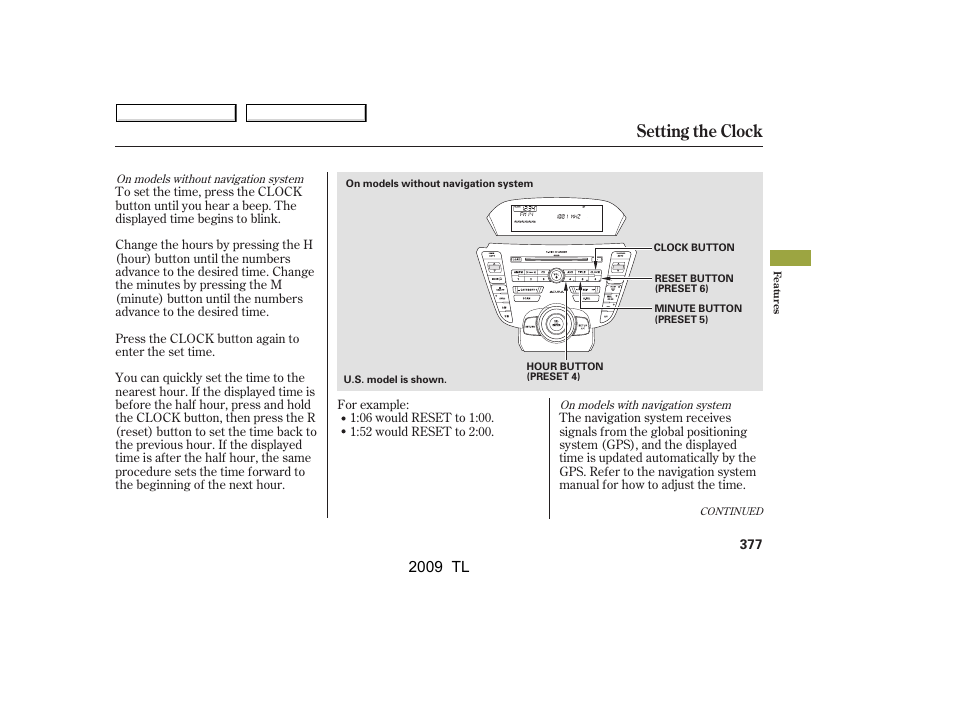 Setting the clock, 2009 tl | Acura 2009 TL - Owner's Manual User Manual | Page 380 / 648
