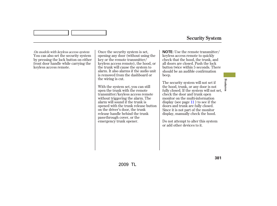 Security system | Acura 2009 TL - Owner's Manual User Manual | Page 384 / 648