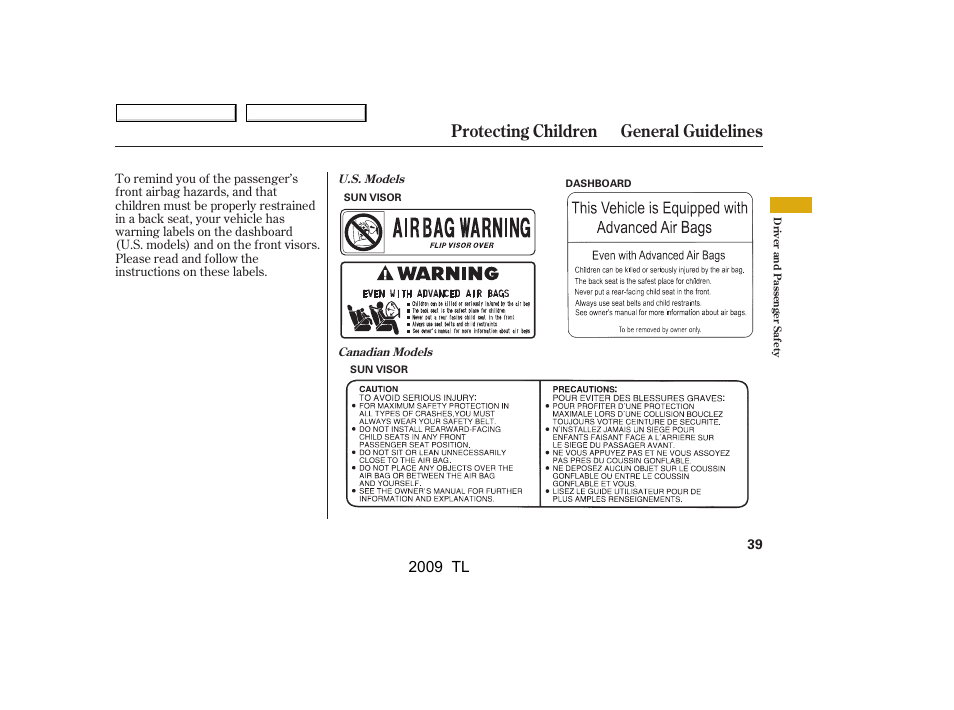 Protecting children general guidelines, 2009 tl | Acura 2009 TL - Owner's Manual User Manual | Page 42 / 648