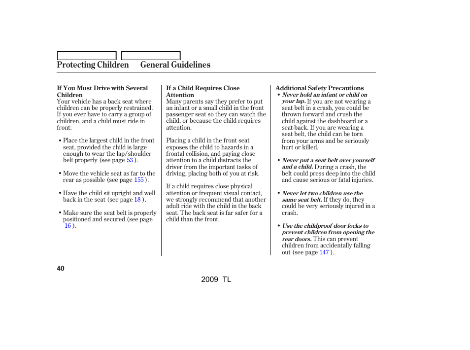 Protecting children general guidelines | Acura 2009 TL - Owner's Manual User Manual | Page 43 / 648