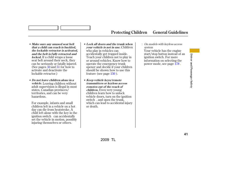 Protecting children general guidelines | Acura 2009 TL - Owner's Manual User Manual | Page 44 / 648