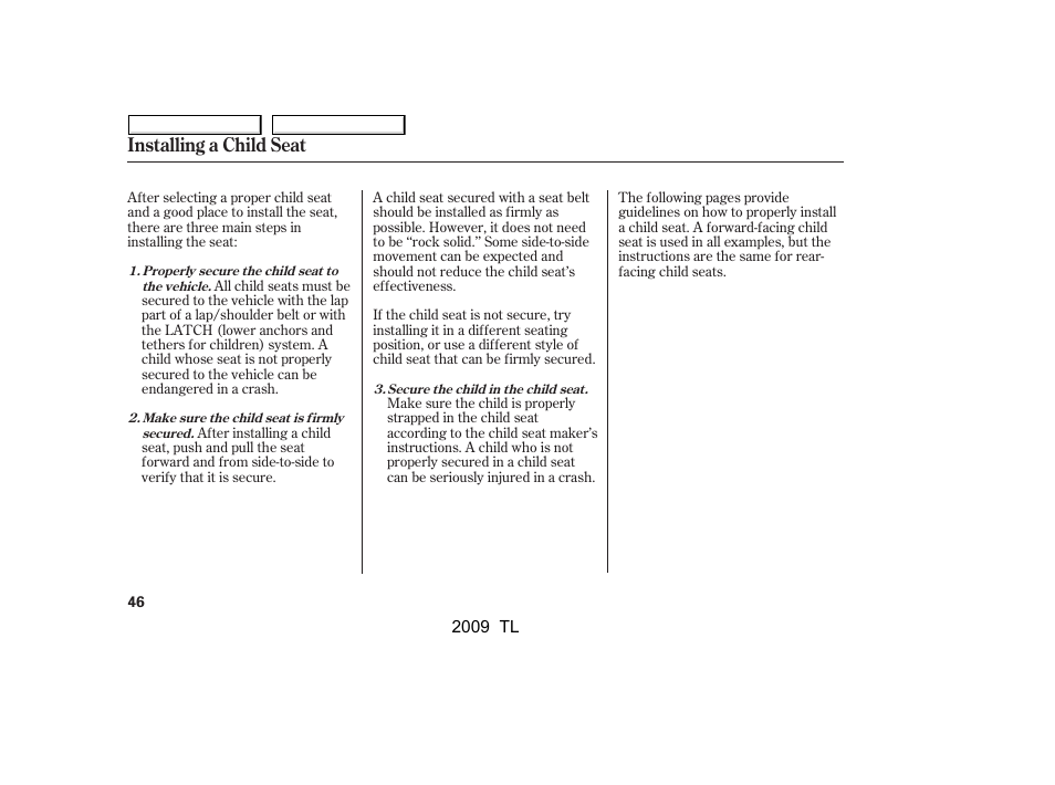 Installing a child seat | Acura 2009 TL - Owner's Manual User Manual | Page 49 / 648