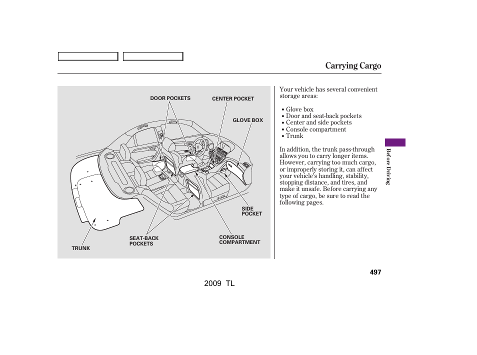 Carrying cargo, 2009 tl | Acura 2009 TL - Owner's Manual User Manual | Page 500 / 648