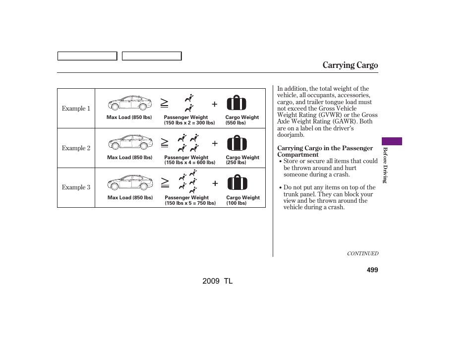 Carrying cargo, 2009 tl | Acura 2009 TL - Owner's Manual User Manual | Page 502 / 648