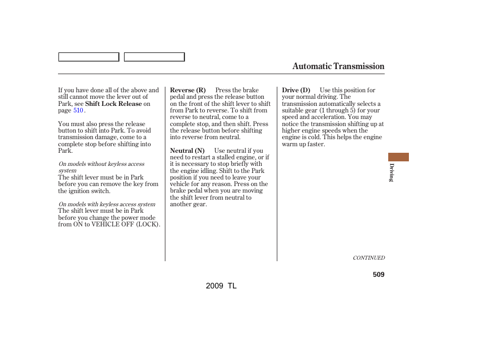 Automatic transmission | Acura 2009 TL - Owner's Manual User Manual | Page 512 / 648