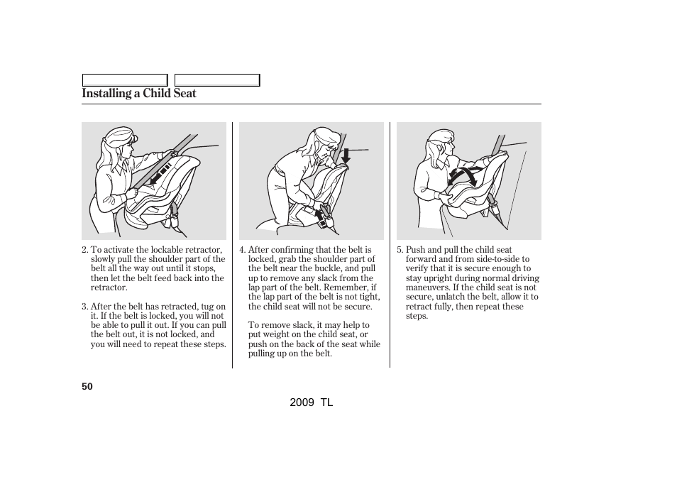 Installing a child seat | Acura 2009 TL - Owner's Manual User Manual | Page 53 / 648