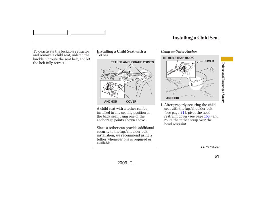 Installing a child seat, 2009 tl | Acura 2009 TL - Owner's Manual User Manual | Page 54 / 648