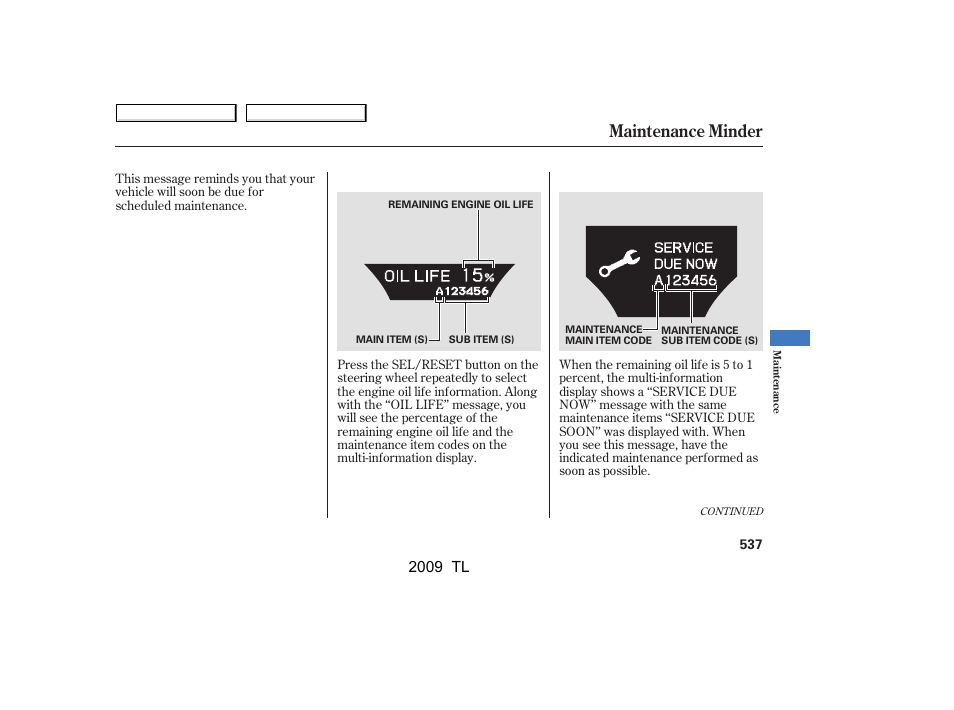 Maintenance minder, 2009 tl | Acura 2009 TL - Owner's Manual User Manual | Page 540 / 648