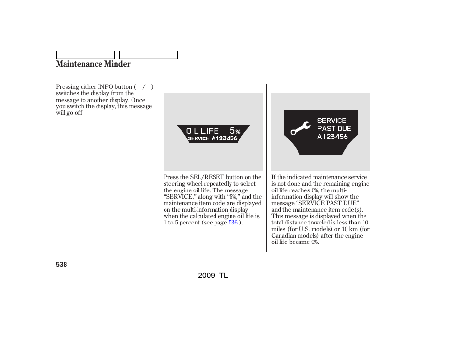 Maintenance minder | Acura 2009 TL - Owner's Manual User Manual | Page 541 / 648