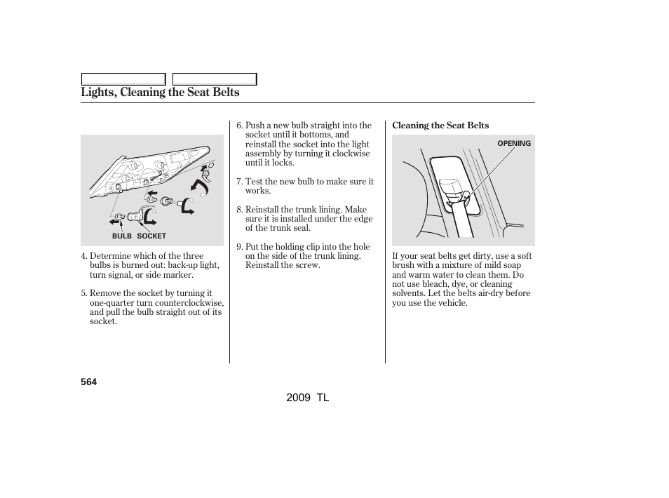 Lights, cleaning the seat belts | Acura 2009 TL - Owner's Manual User Manual | Page 567 / 648