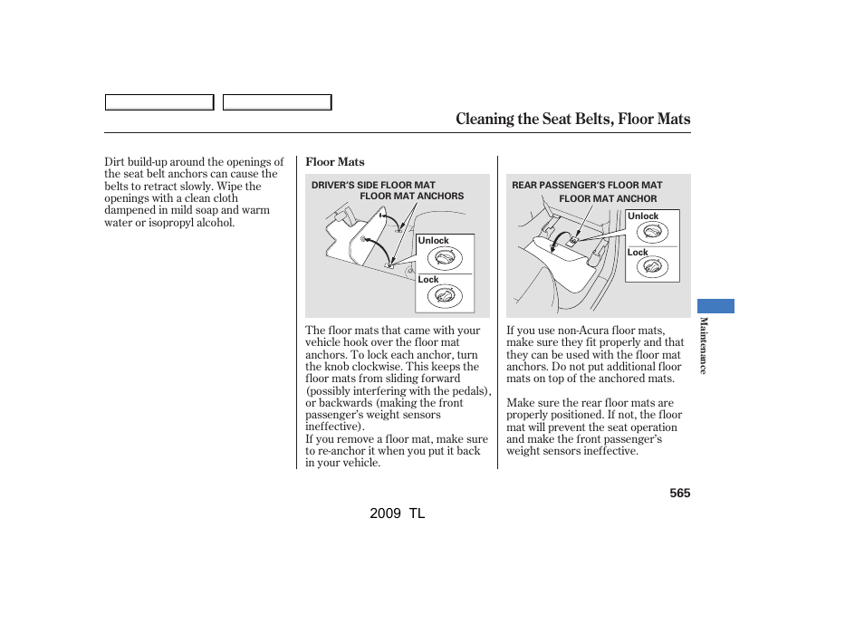 Cleaning the seat belts, floor mats, 2009 tl | Acura 2009 TL - Owner's Manual User Manual | Page 568 / 648