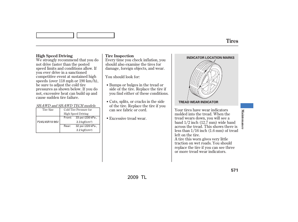 Tires, 2009 tl | Acura 2009 TL - Owner's Manual User Manual | Page 574 / 648