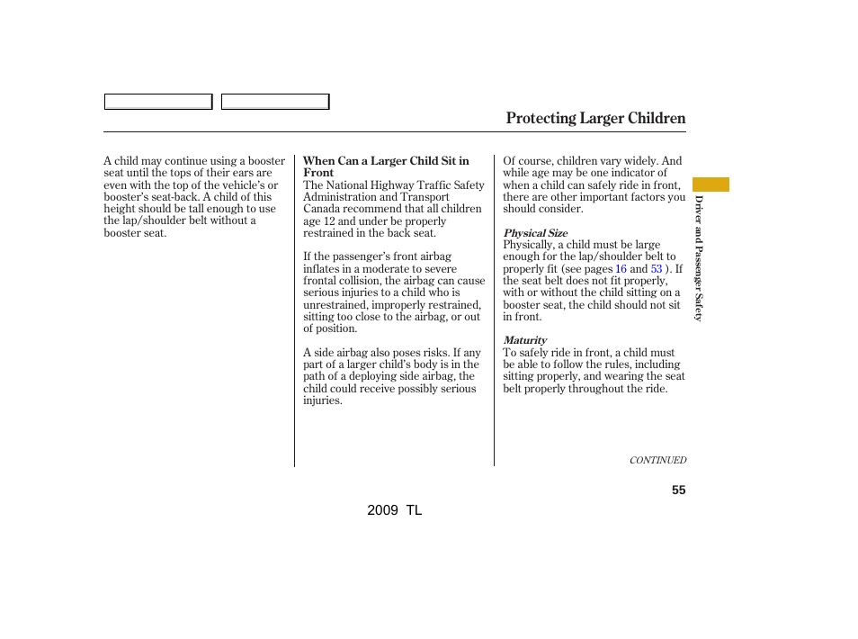 Protecting larger children, 2009 tl | Acura 2009 TL - Owner's Manual User Manual | Page 58 / 648
