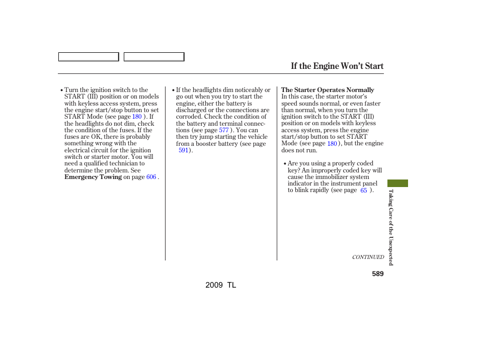 If the engine won’t start, 2009 tl | Acura 2009 TL - Owner's Manual User Manual | Page 592 / 648