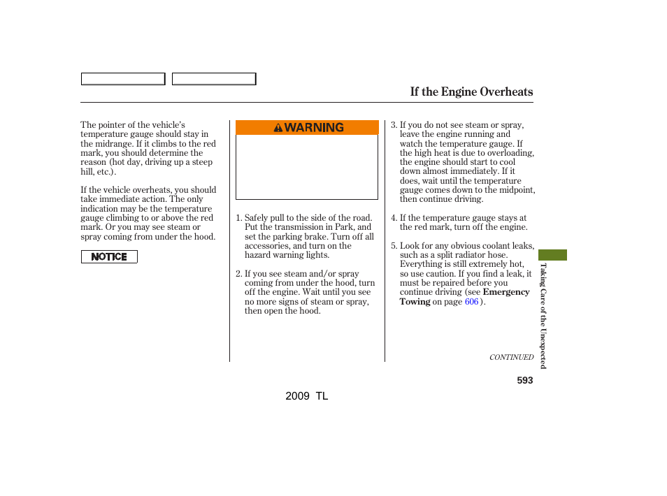 If the engine overheats, 2009 tl | Acura 2009 TL - Owner's Manual User Manual | Page 596 / 648