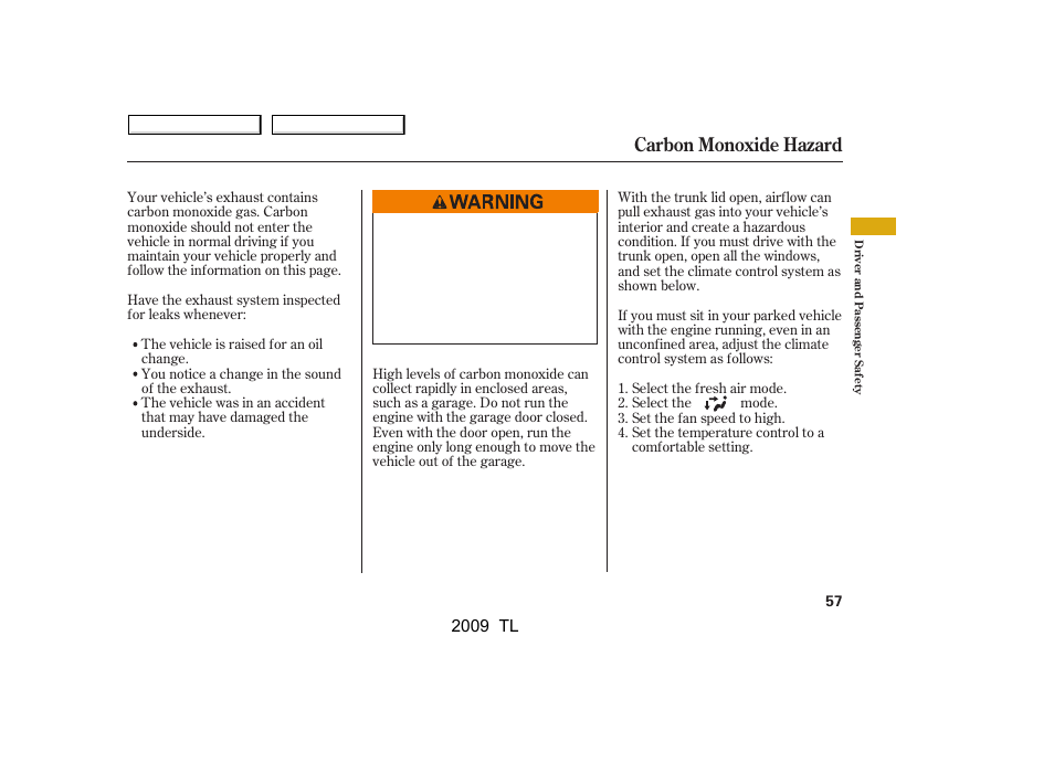 Carbon monoxide hazard | Acura 2009 TL - Owner's Manual User Manual | Page 60 / 648