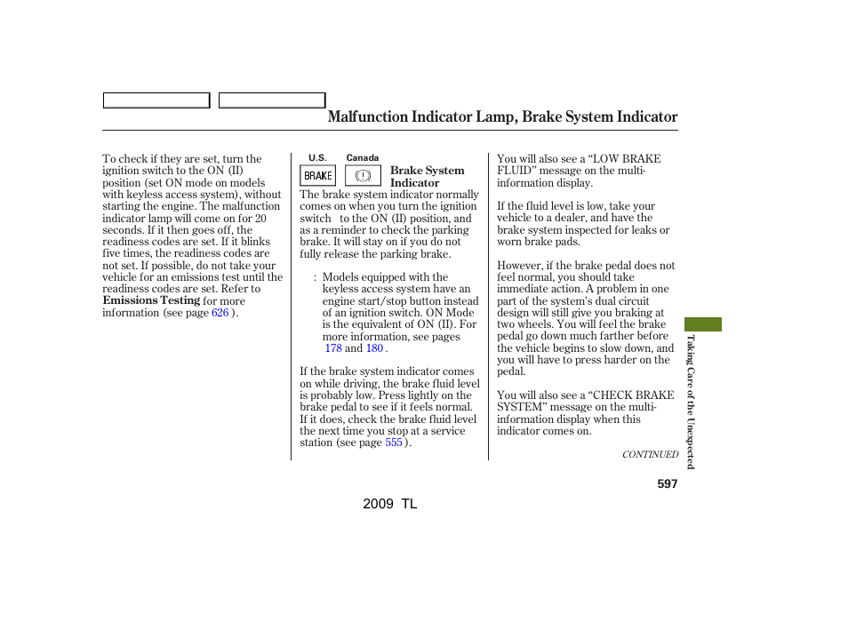 Malfunction indicator lamp, brake system indicator, 2009 tl | Acura 2009 TL - Owner's Manual User Manual | Page 600 / 648