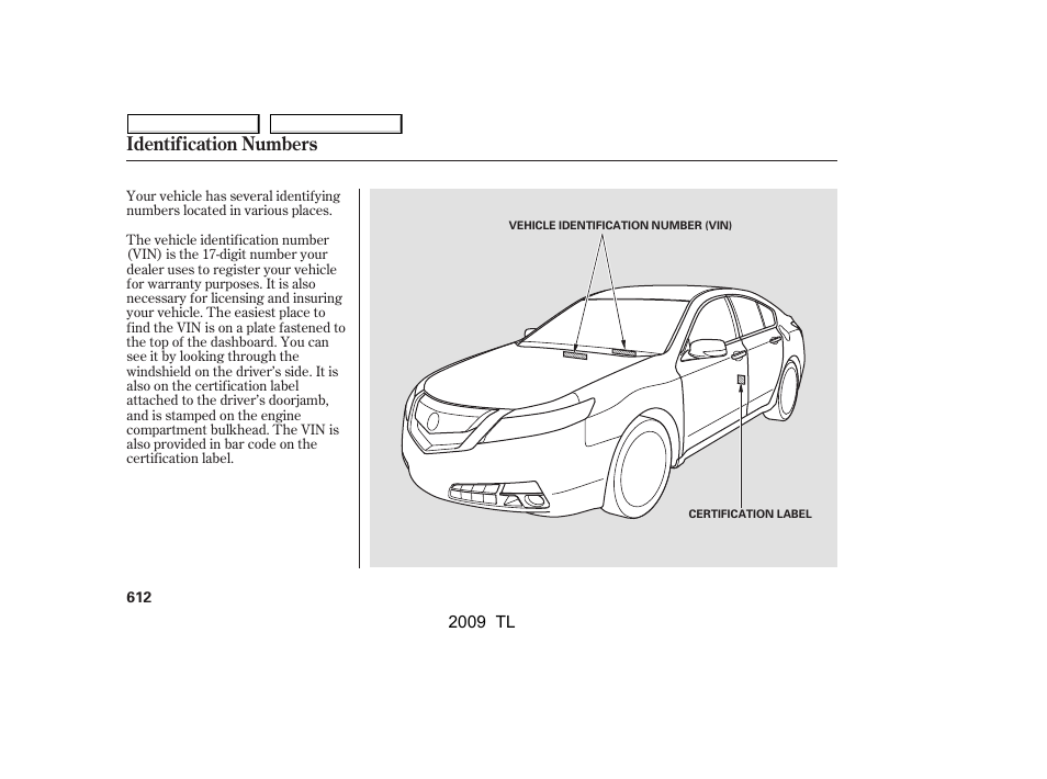 Identification numbers | Acura 2009 TL - Owner's Manual User Manual | Page 615 / 648