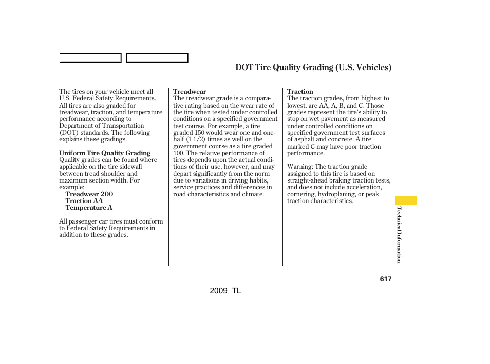 Dot tire quality grading (u.s. vehicles) | Acura 2009 TL - Owner's Manual User Manual | Page 620 / 648