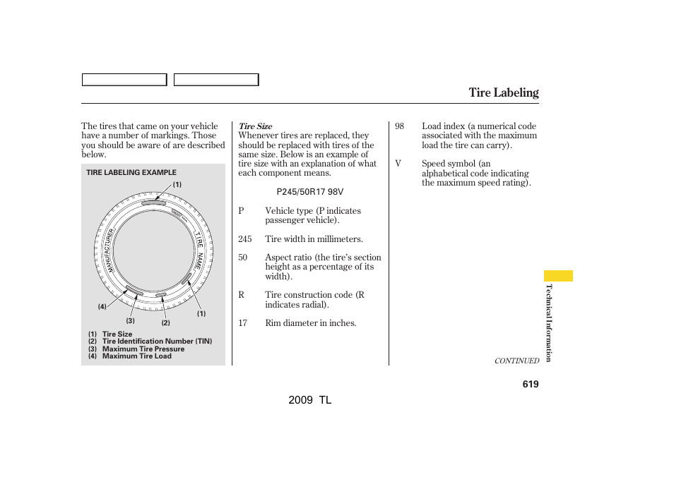 Tire labeling, 2009 tl | Acura 2009 TL - Owner's Manual User Manual | Page 622 / 648