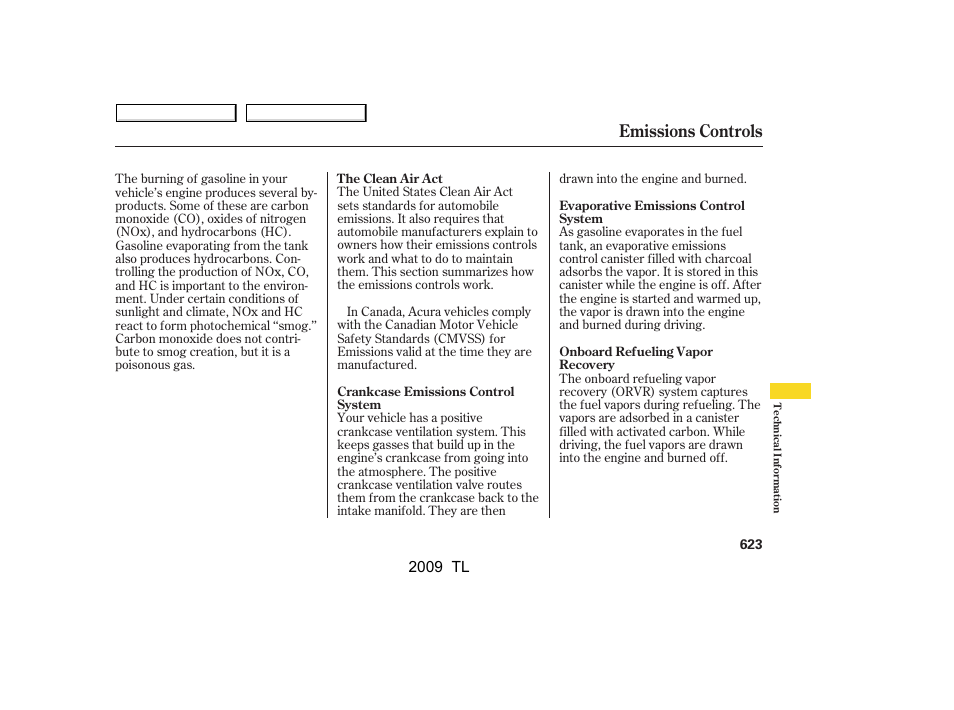 Emissions controls | Acura 2009 TL - Owner's Manual User Manual | Page 626 / 648