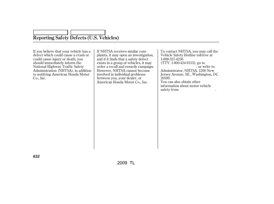 Reporting safety defects (u.s. vehicles) | Acura 2009 TL - Owner's Manual User Manual | Page 635 / 648