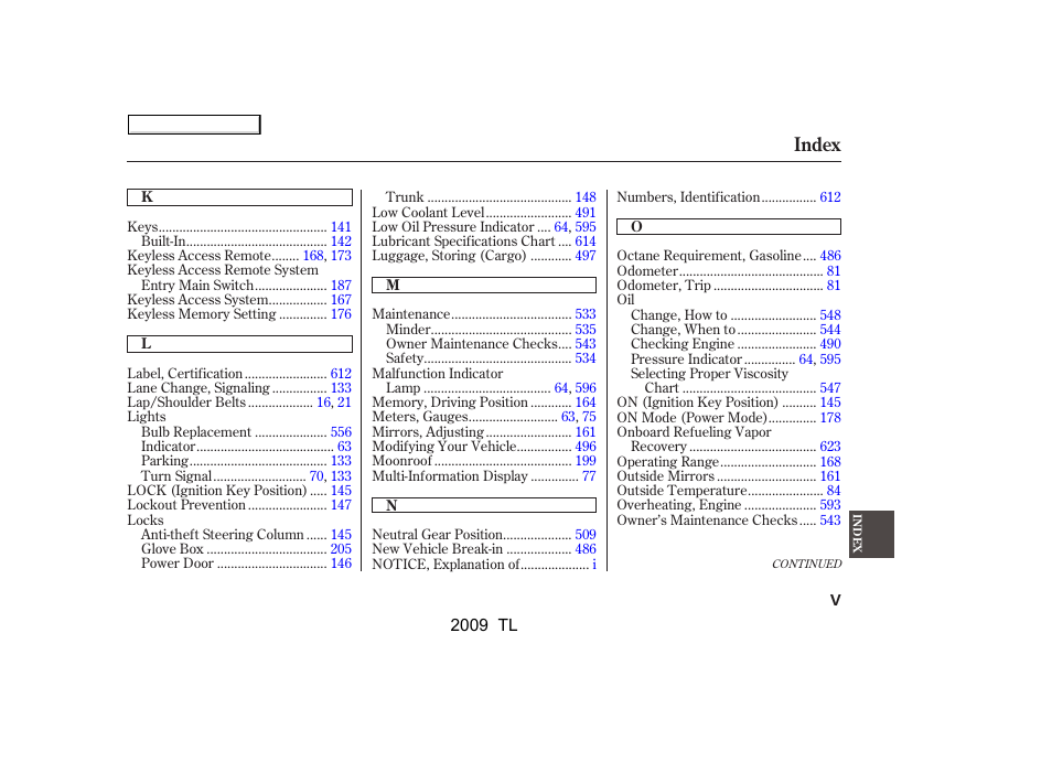 Index | Acura 2009 TL - Owner's Manual User Manual | Page 642 / 648