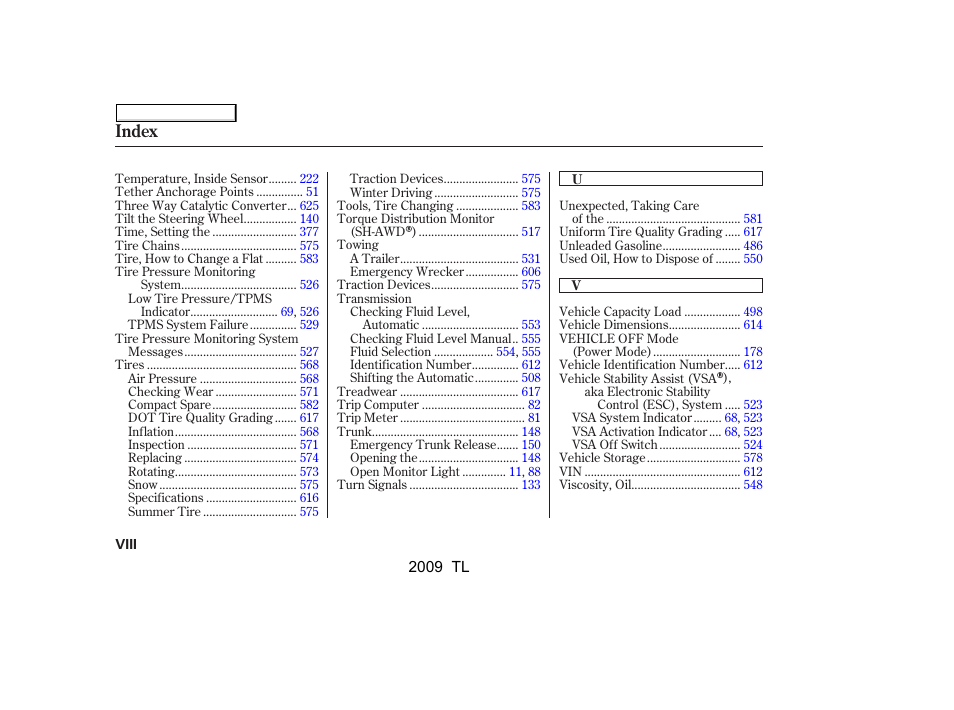 Index | Acura 2009 TL - Owner's Manual User Manual | Page 645 / 648