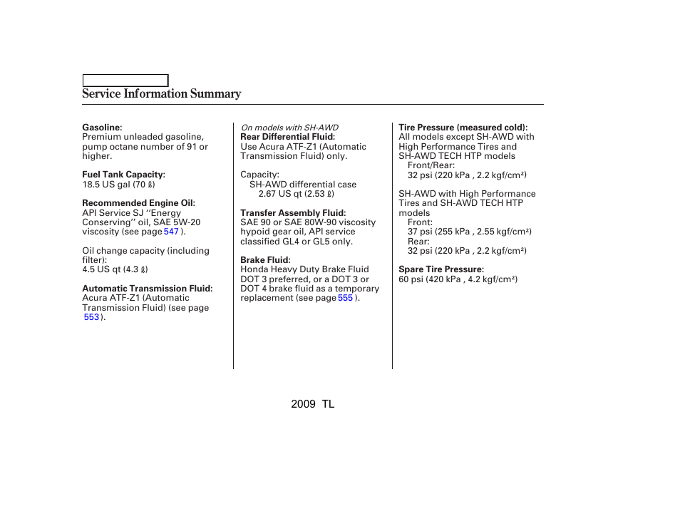 Service information summary | Acura 2009 TL - Owner's Manual User Manual | Page 647 / 648