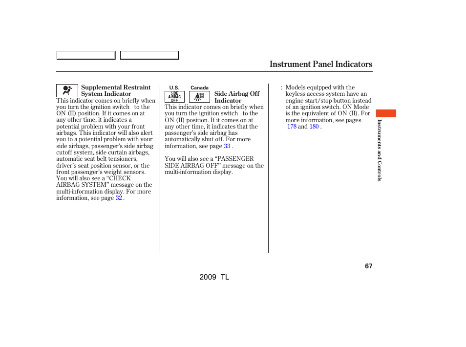 Instrument panel indicators, 2009 tl | Acura 2009 TL - Owner's Manual User Manual | Page 70 / 648
