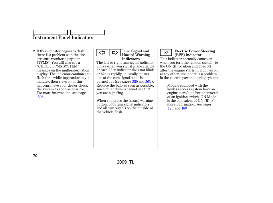 Instrument panel indicators | Acura 2009 TL - Owner's Manual User Manual | Page 73 / 648