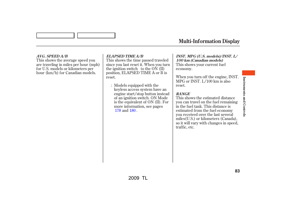 Multi-information display, 2009 tl | Acura 2009 TL - Owner's Manual User Manual | Page 86 / 648