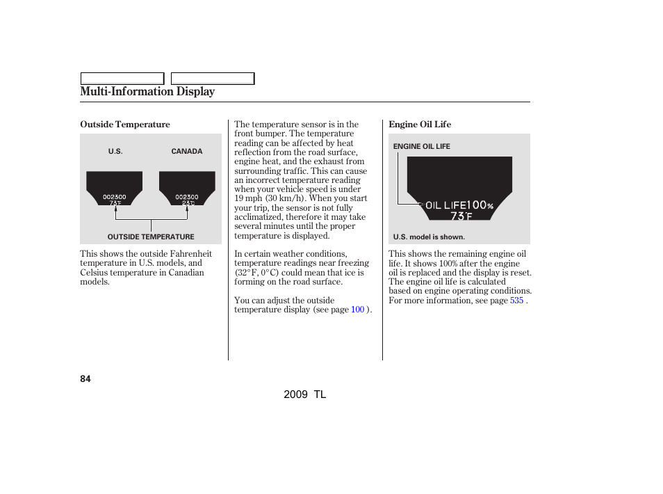 Multi-information display | Acura 2009 TL - Owner's Manual User Manual | Page 87 / 648