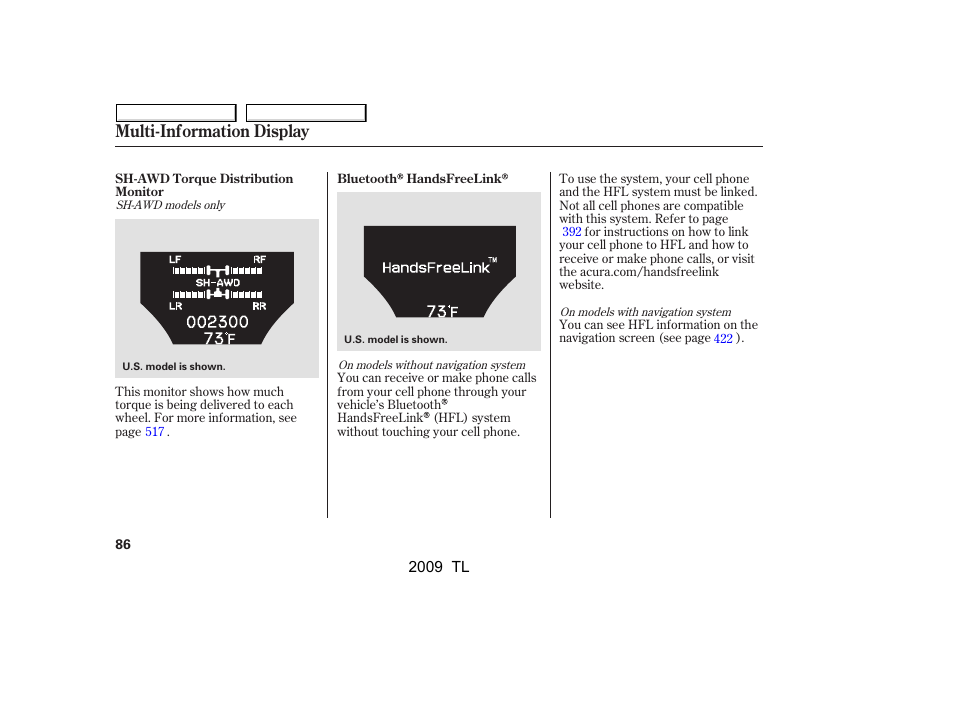 Multi-information display | Acura 2009 TL - Owner's Manual User Manual | Page 89 / 648